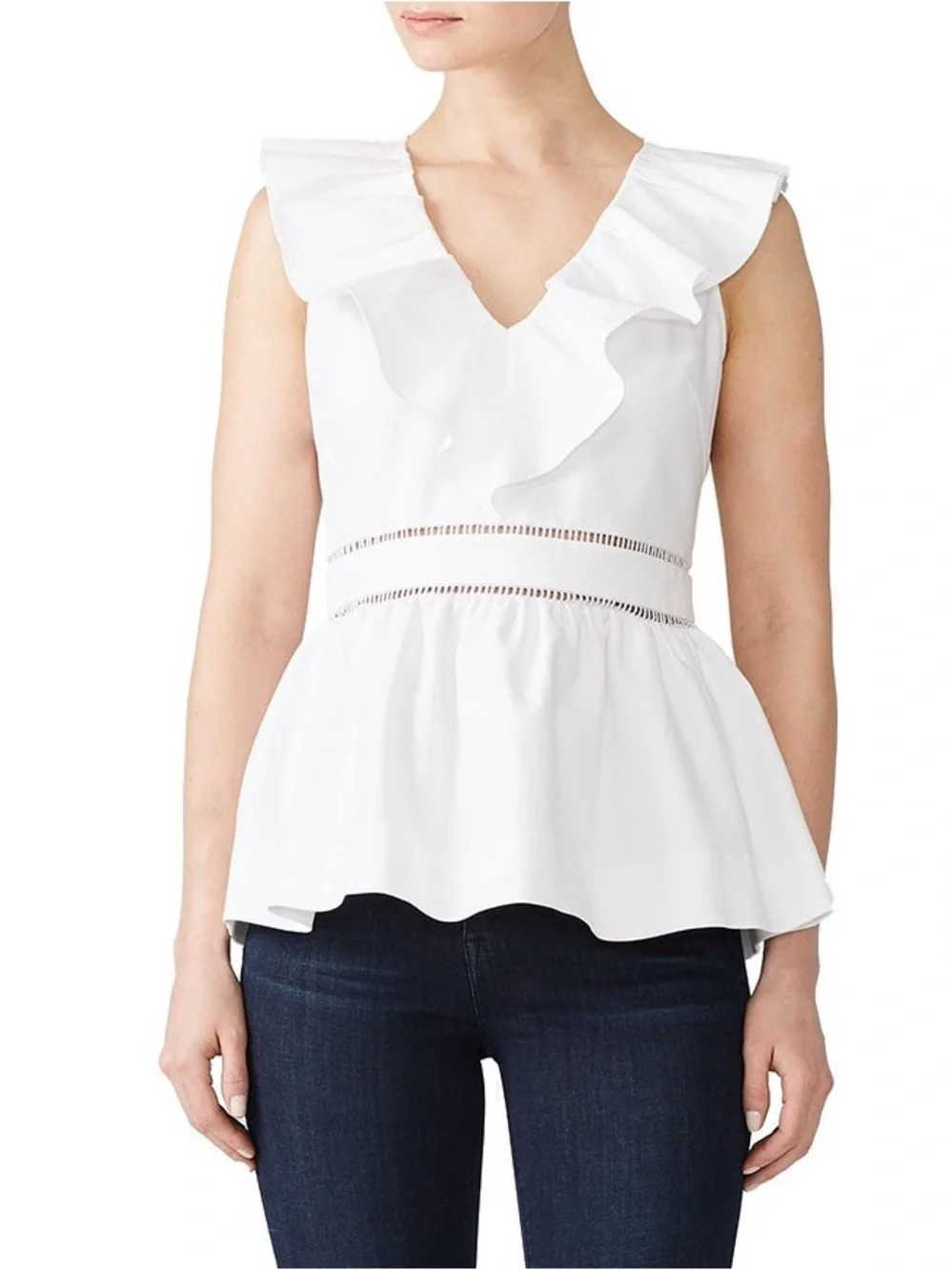 kate spade Cotton White Ruffle V-Neck Peplum Top